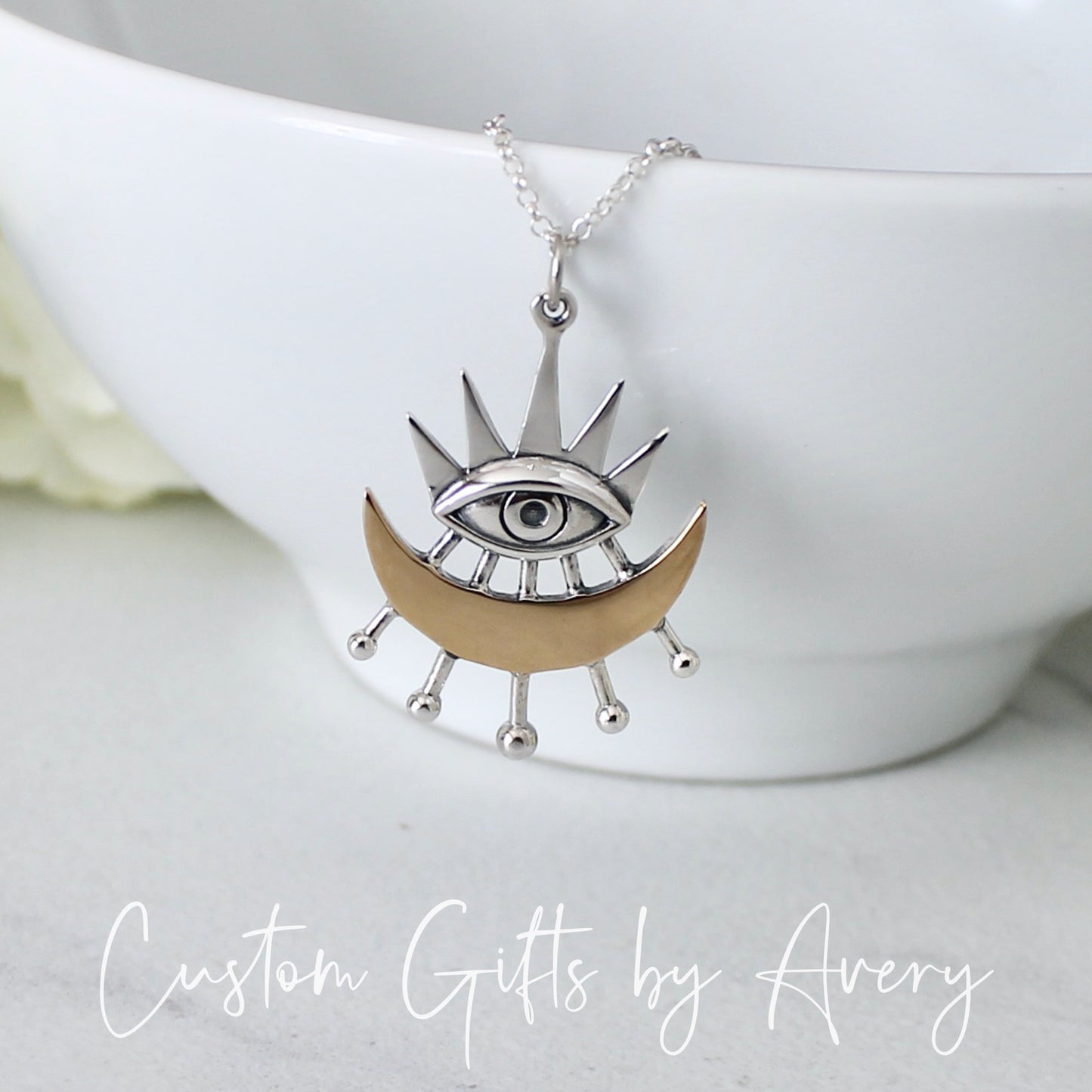 Sterling Silver & Bronze All Seeing Eye and Crescent Moon