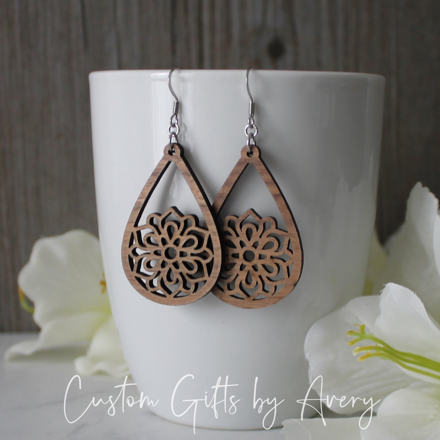 Teardrop Flower Mandala Earrings in Walnut Wood