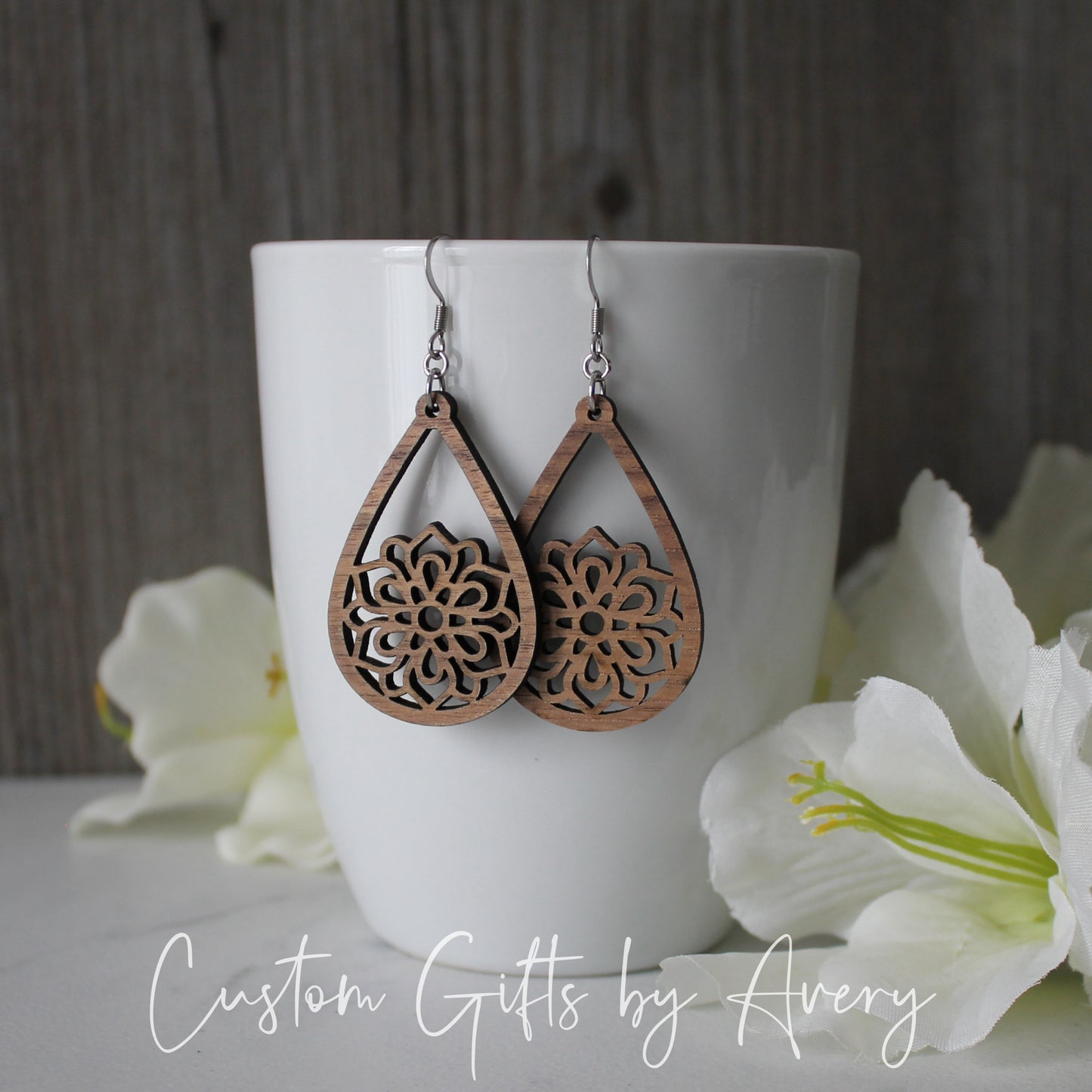 Teardrop Flower Mandala Earrings in Walnut Wood