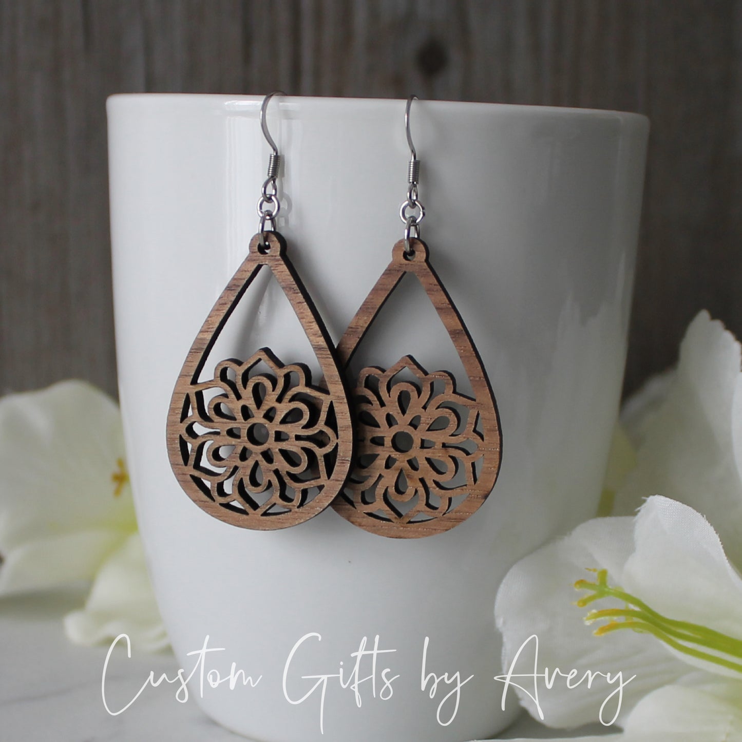 Teardrop Flower Mandala Earrings in Walnut Wood