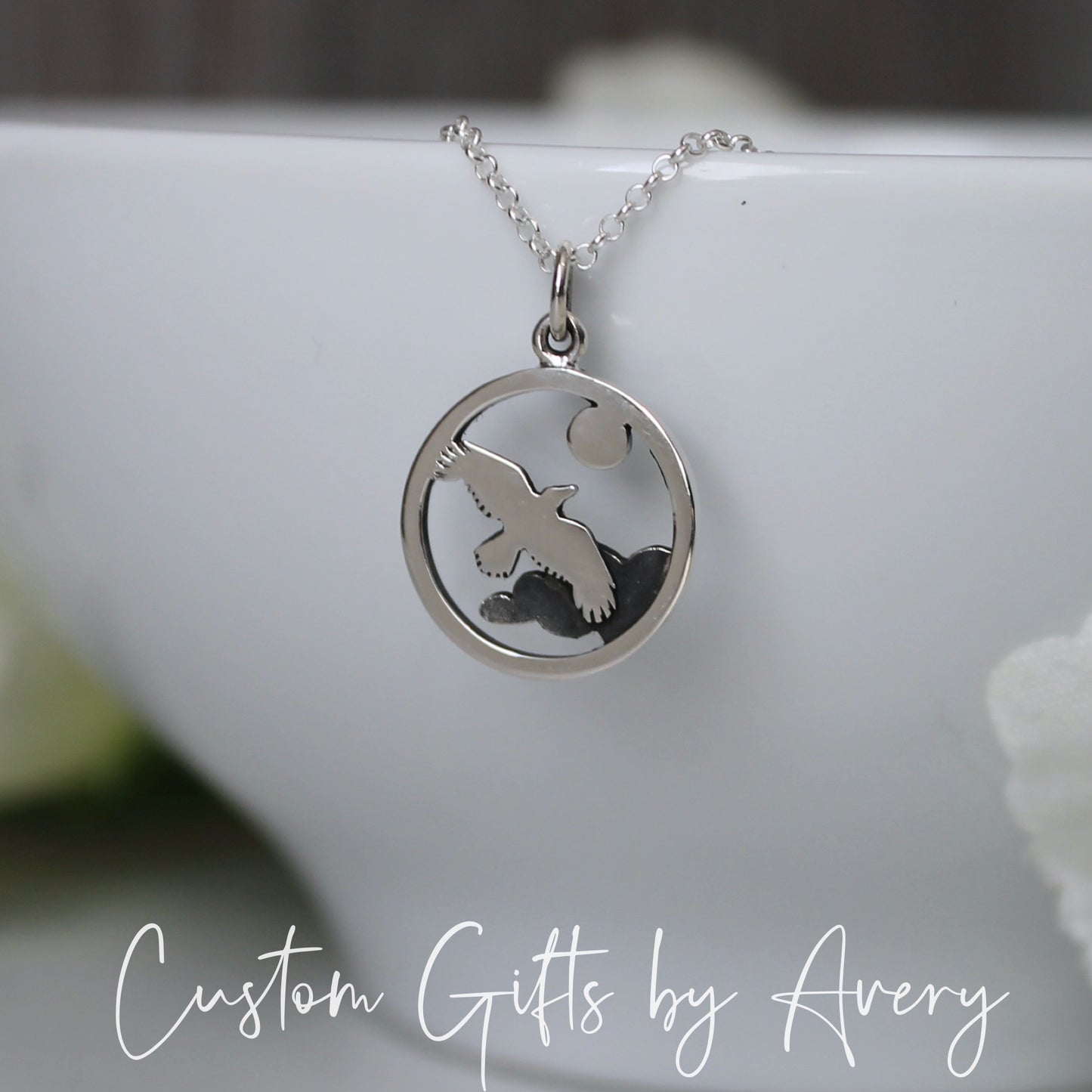 Sterling Silver Flying Raven and Moon Necklace