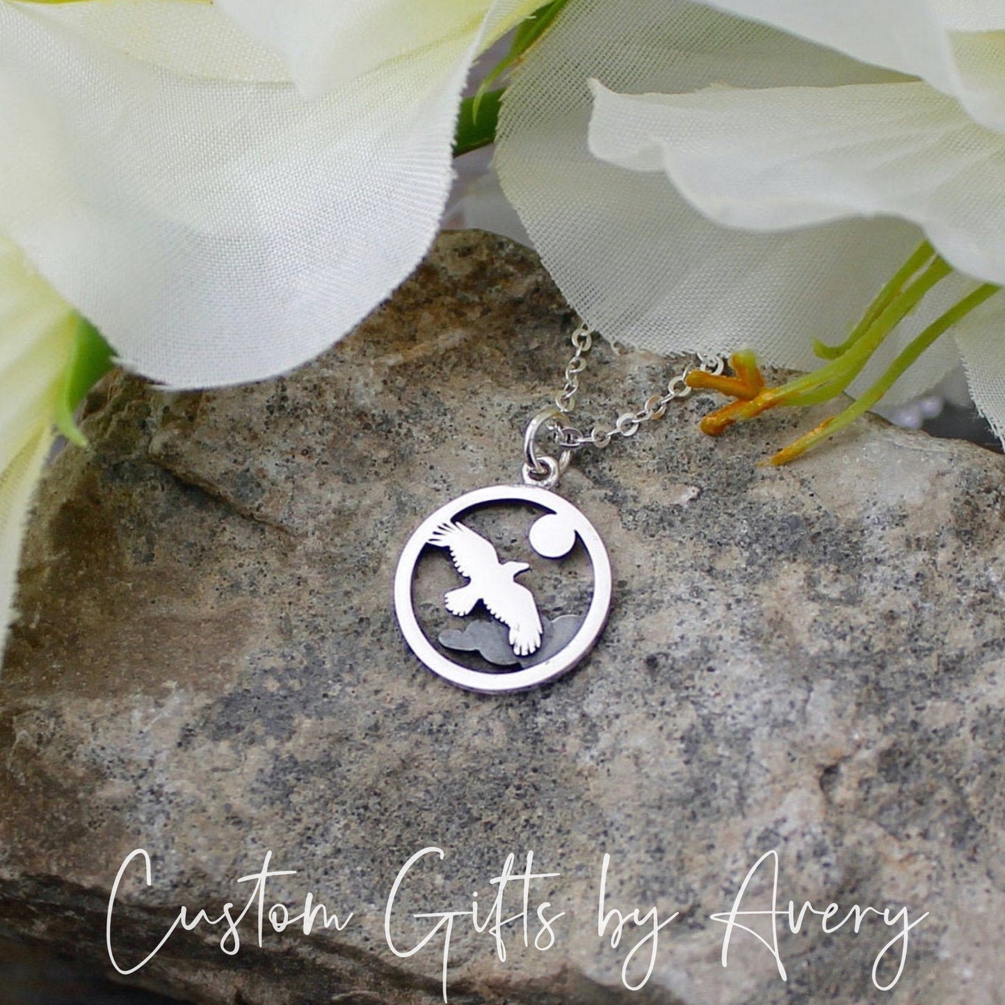 Sterling Silver Flying Raven and Moon Necklace