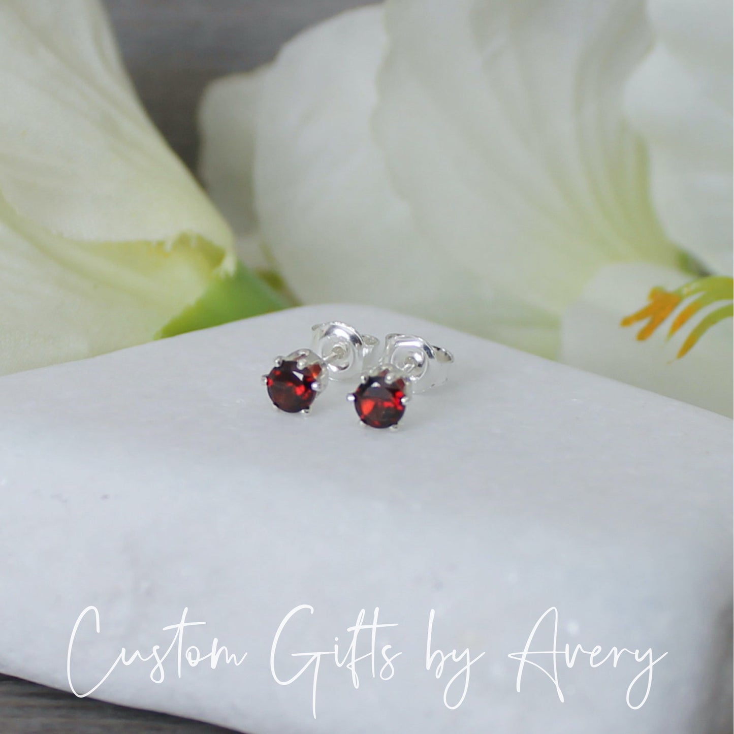 Tiny Sterling Silver & Genuine Garnet Studs