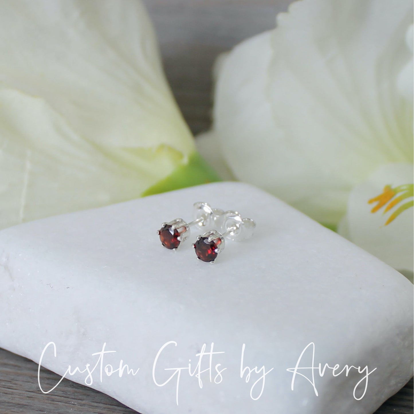 Tiny Sterling Silver & Genuine Garnet Studs