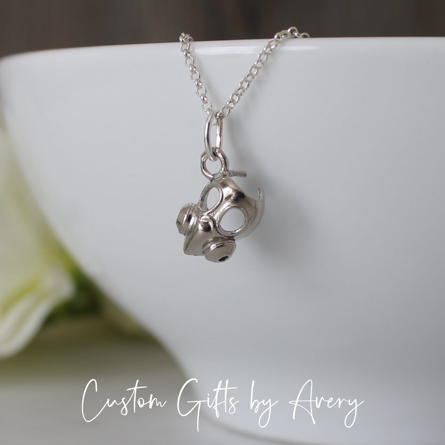 Tiny Sterling Silver Gas Mask Necklace