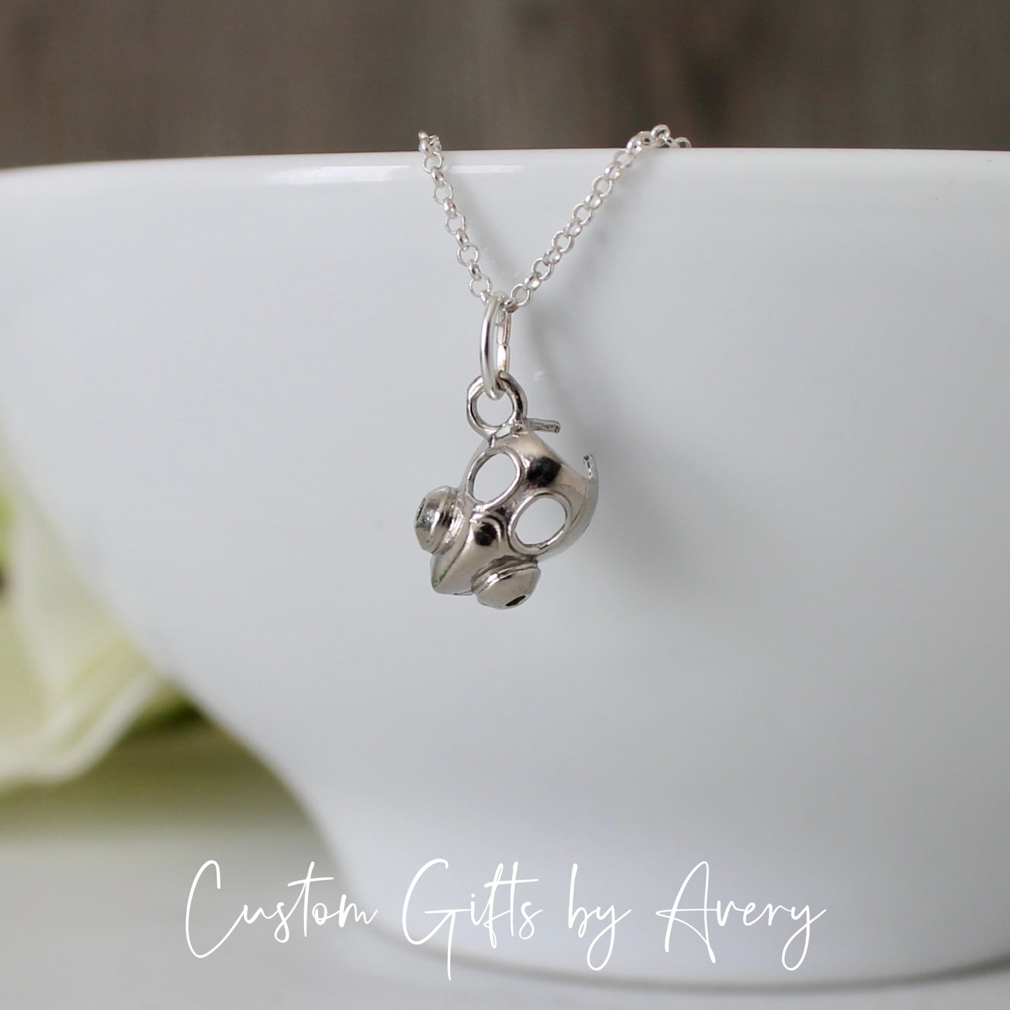 Tiny Sterling Silver Gas Mask Necklace