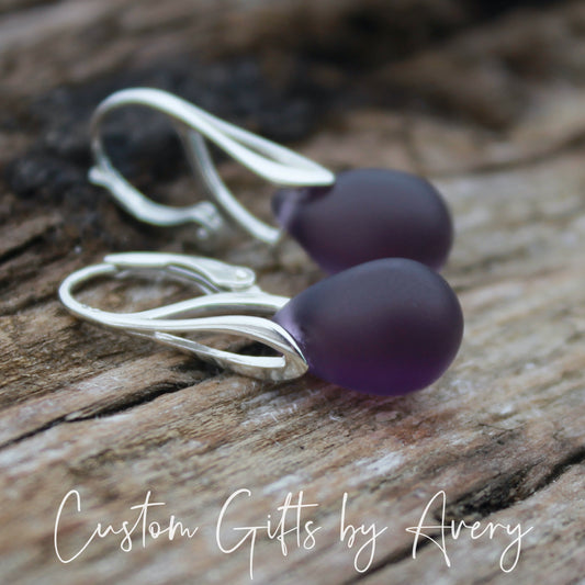 Purple Cultured Sea Glass & Sterling Silver Earrings