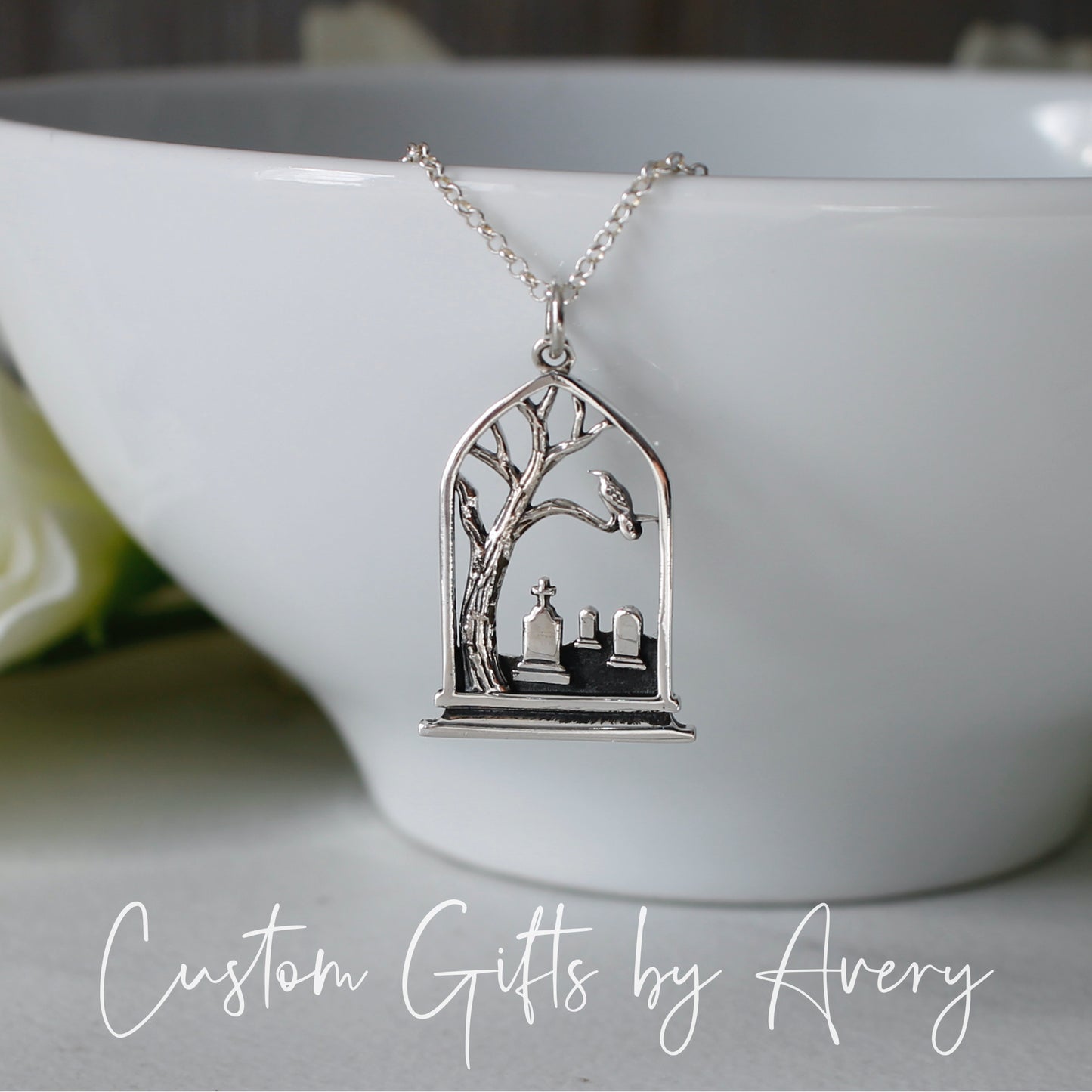 Sterling Silver Graveyard with Raven Necklace