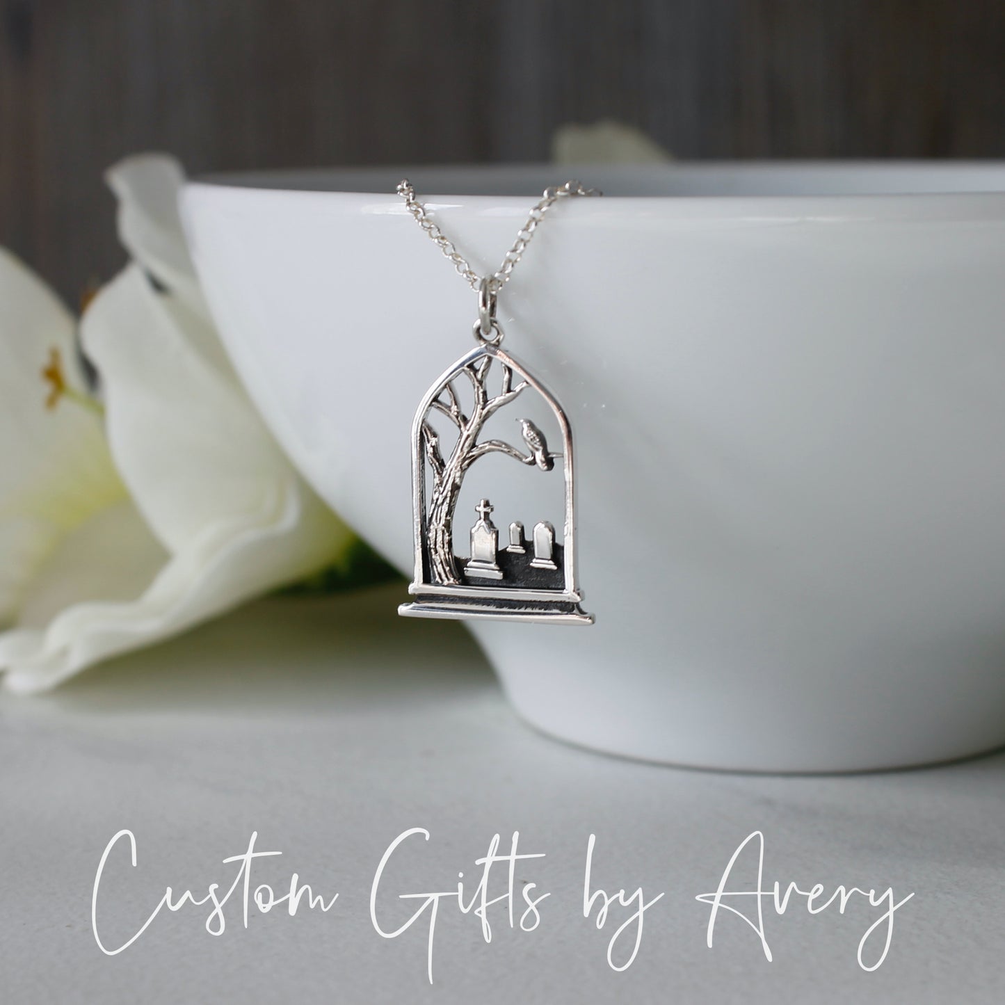 Sterling Silver Graveyard with Raven Necklace