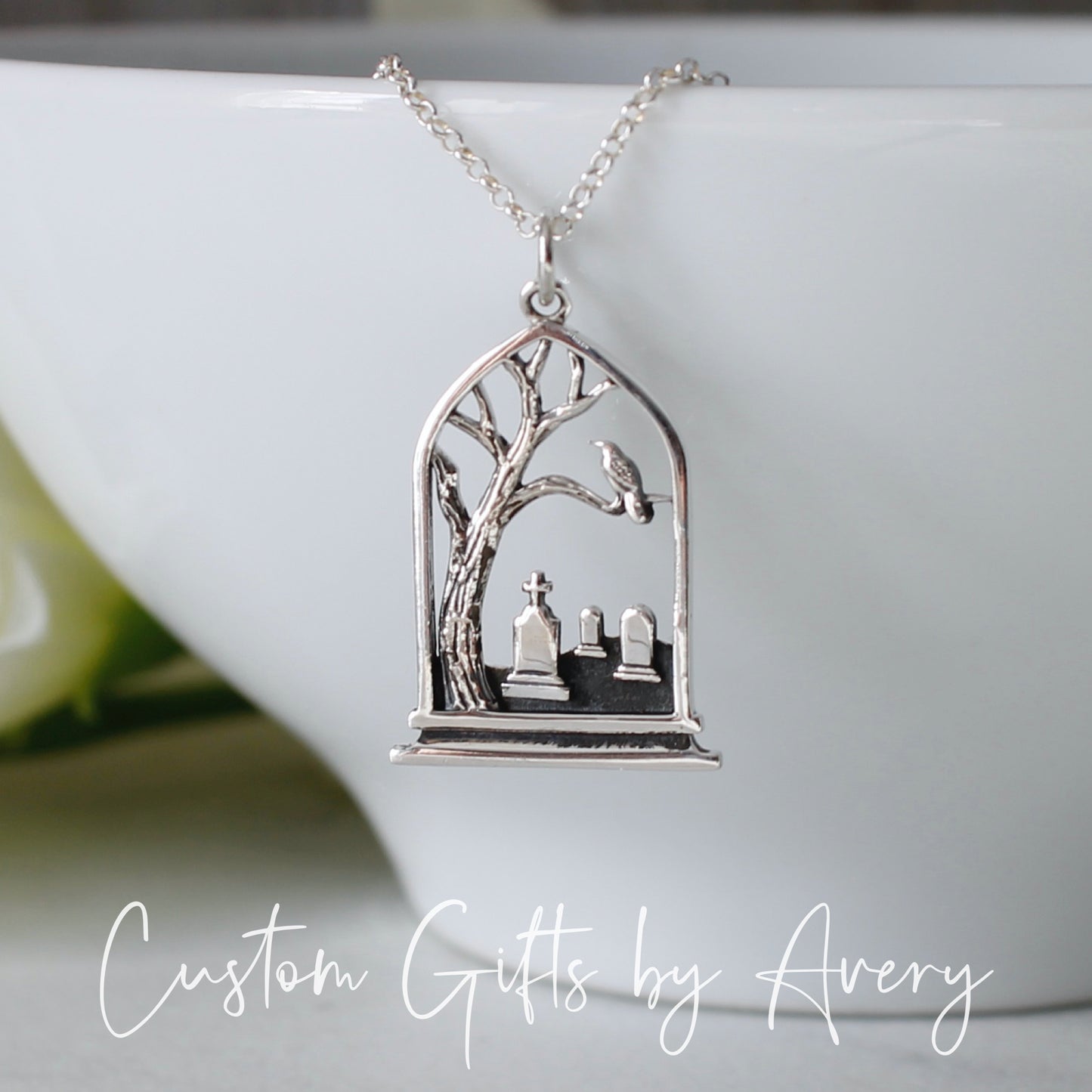 Sterling Silver Graveyard with Raven Necklace