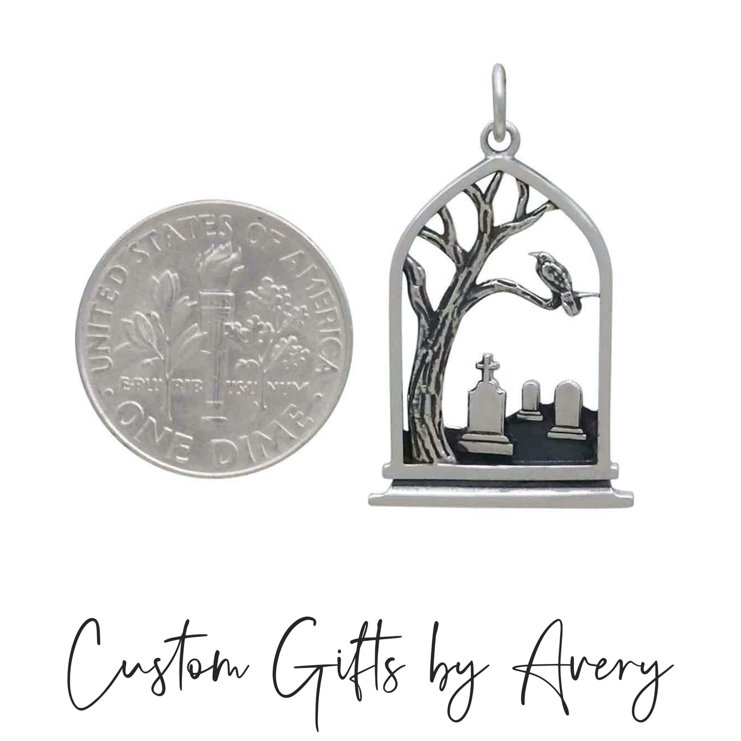 Sterling Silver Graveyard with Raven Necklace