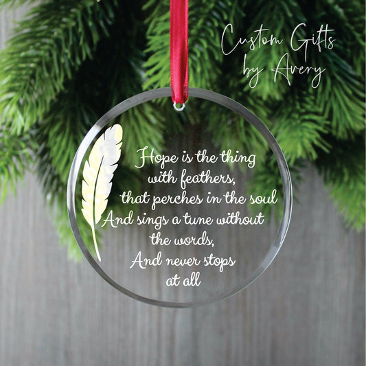 Personalized Glass Christmas Ornament ~ Hope is the Thing with Feathers