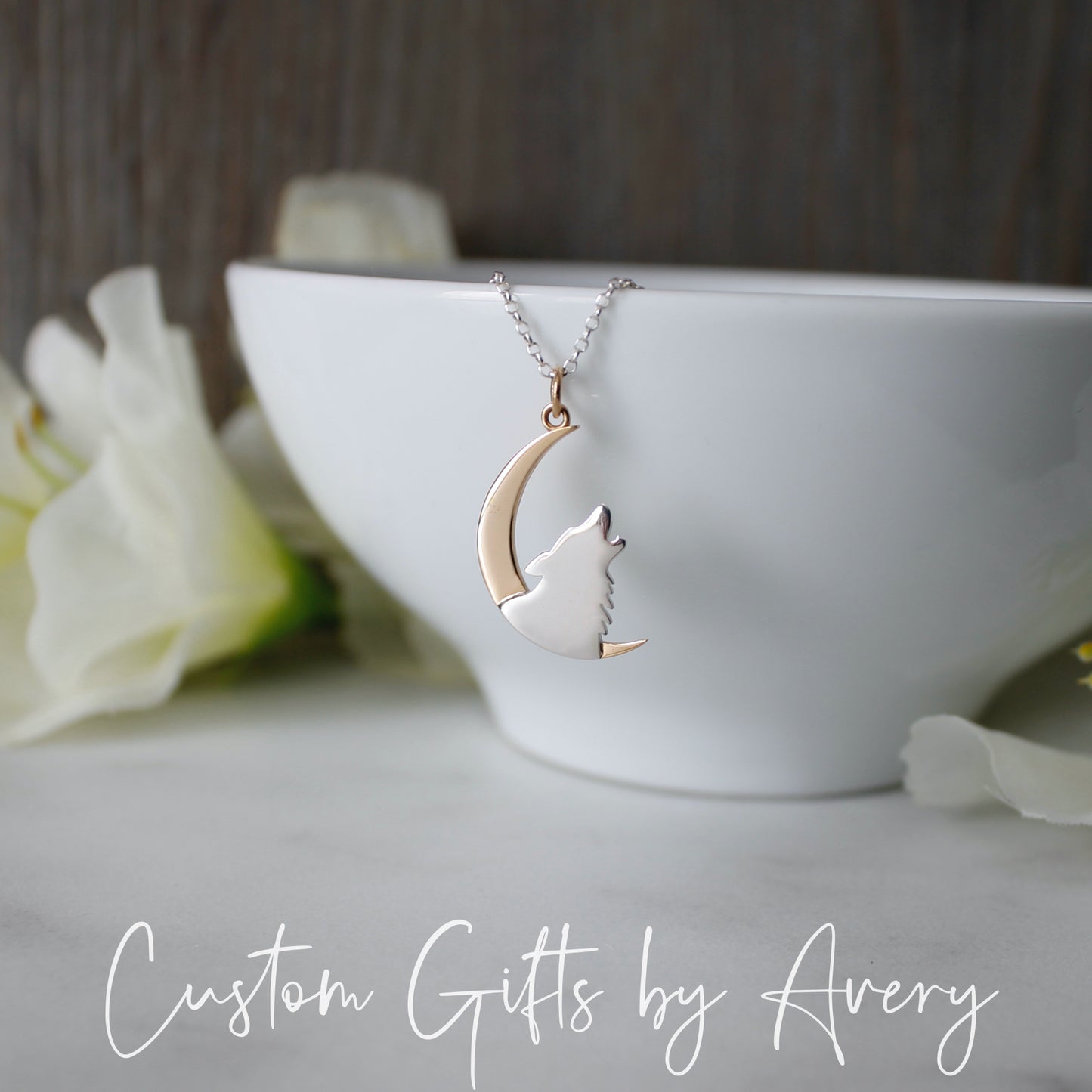 Sterling Silver Wolf & Crescent Moon Necklace