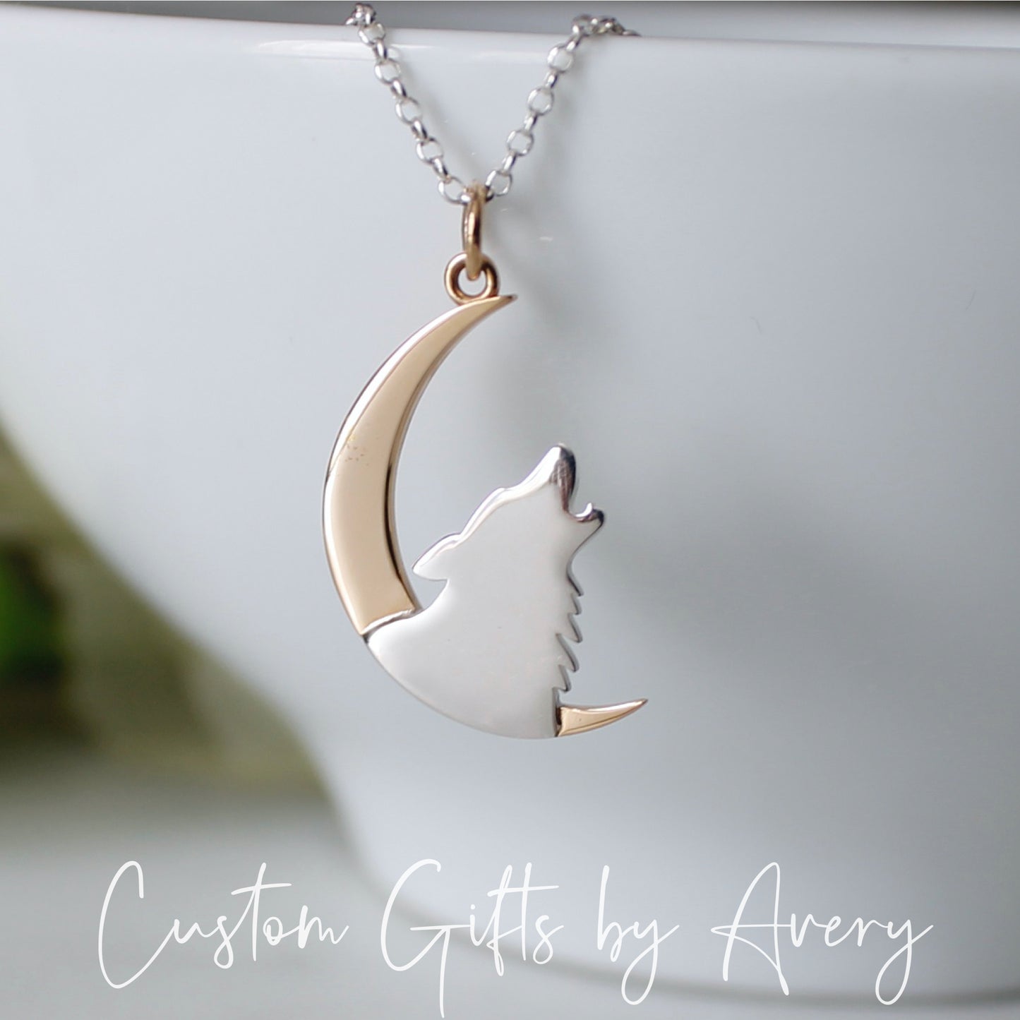 Sterling Silver Wolf & Crescent Moon Necklace