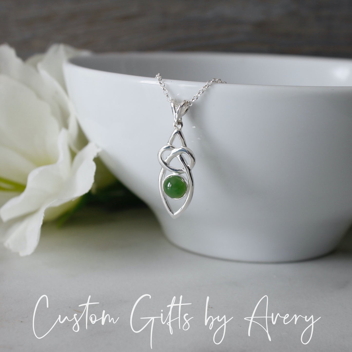 Sterling Silver Celtic Knot Necklace with Canadian Jade Nephrite