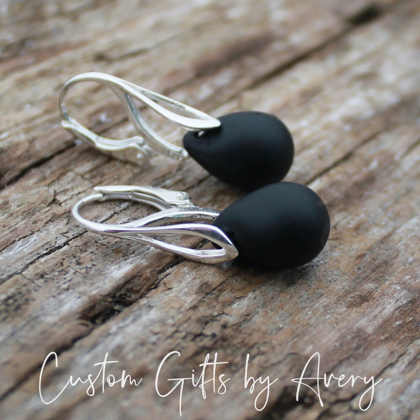 Jet Black Cultured Sea Glass & Sterling Silver Earrings