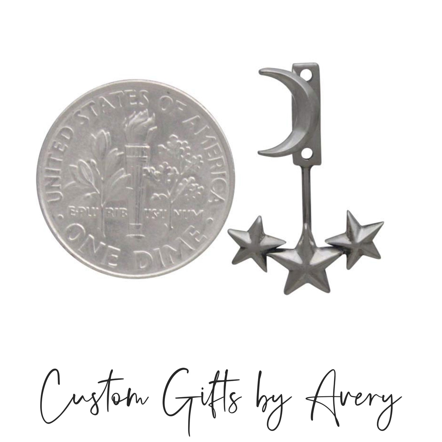 Sterling Silver Crescent Moon and Stars Ear Jacket Earrings
