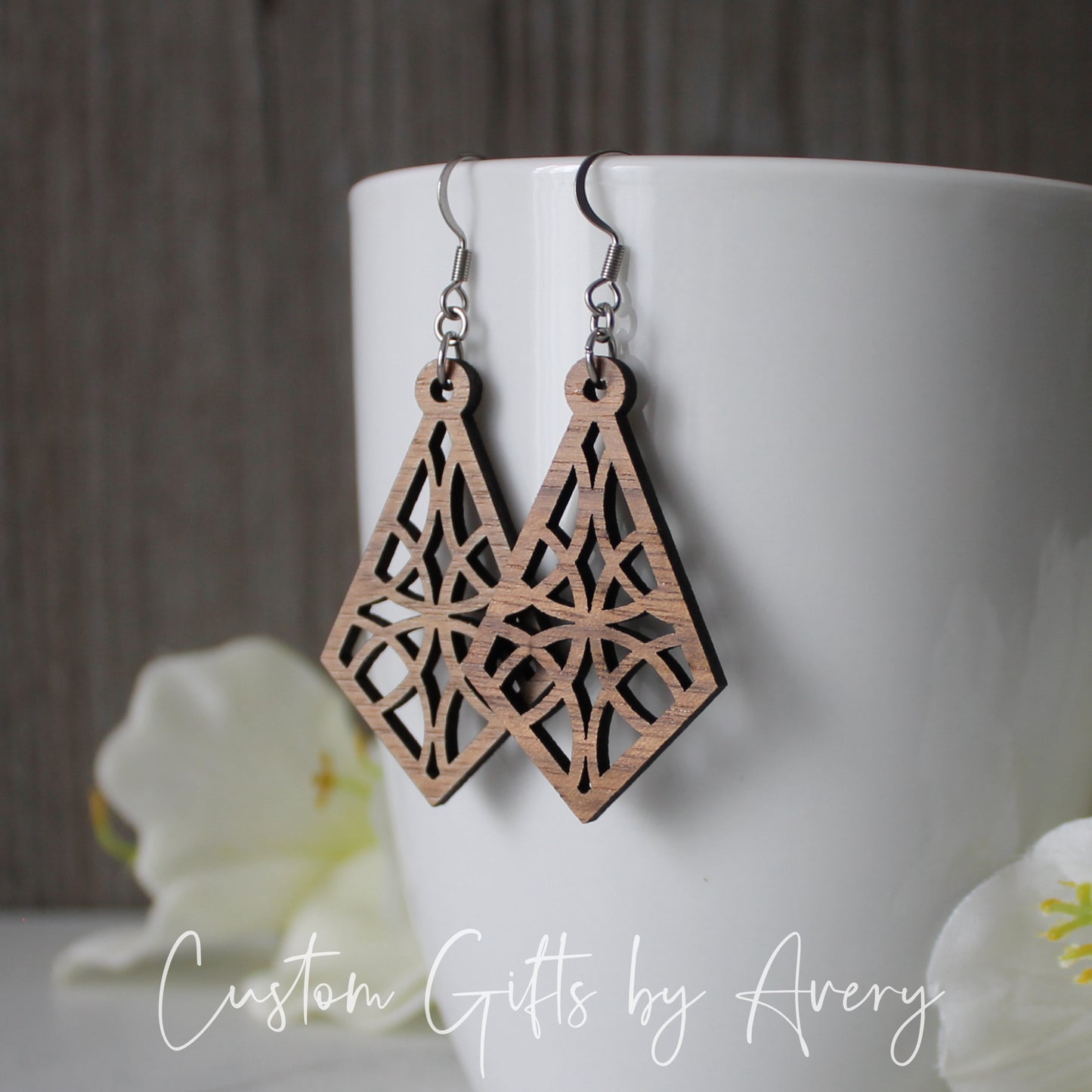 Kite Shaped Mandala Earrings in Walnut Wood