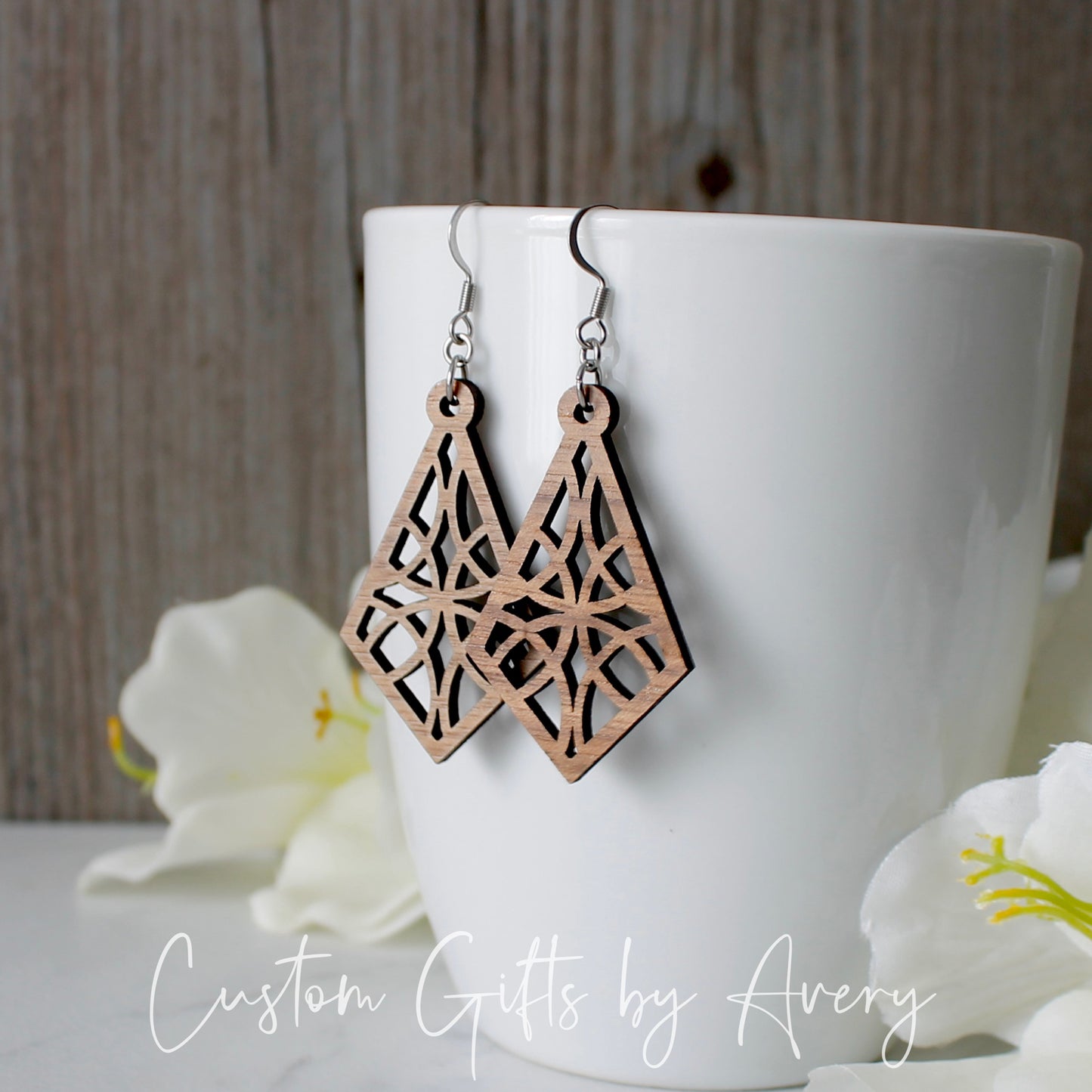 Kite Shaped Mandala Earrings in Walnut Wood