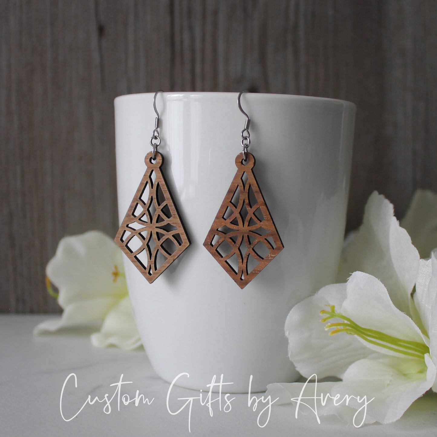 Kite Shaped Mandala Earrings in Walnut Wood