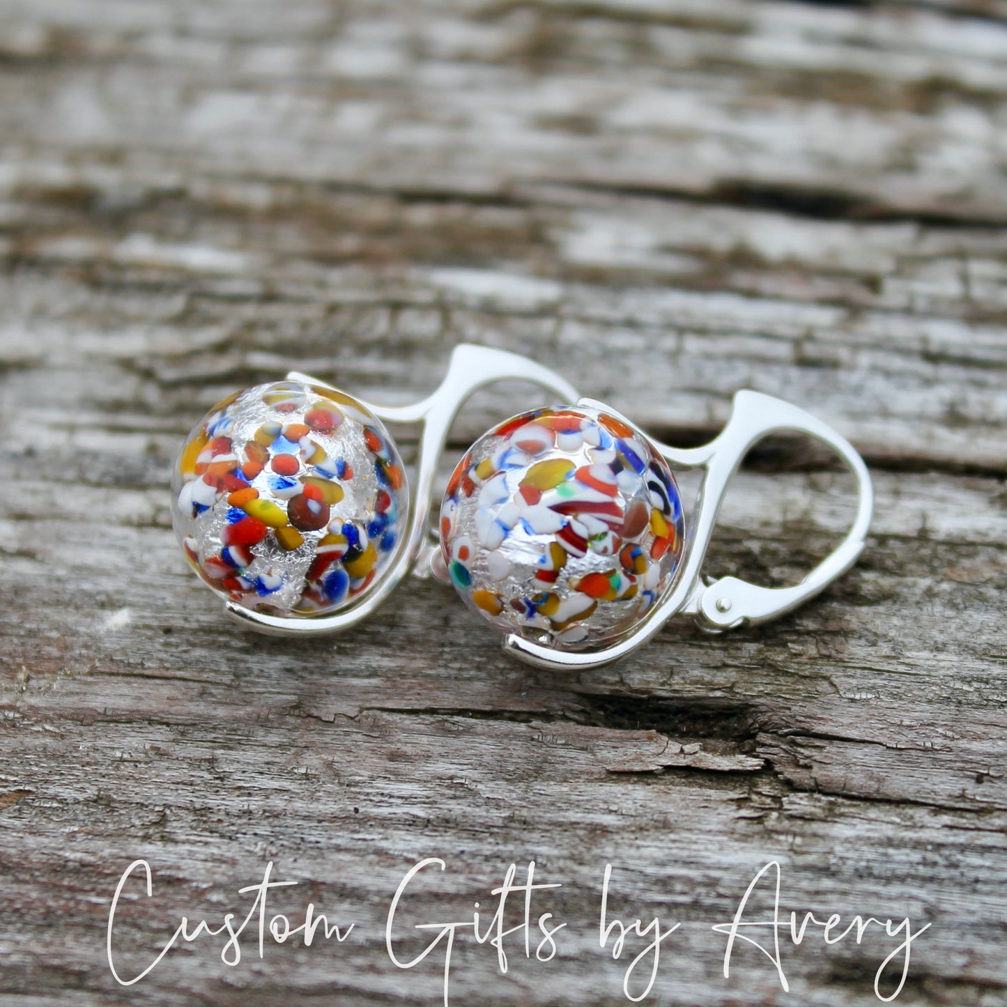 Sterling Silver Venetian Murano Klimt Inspired Lampwork Glass Earrings