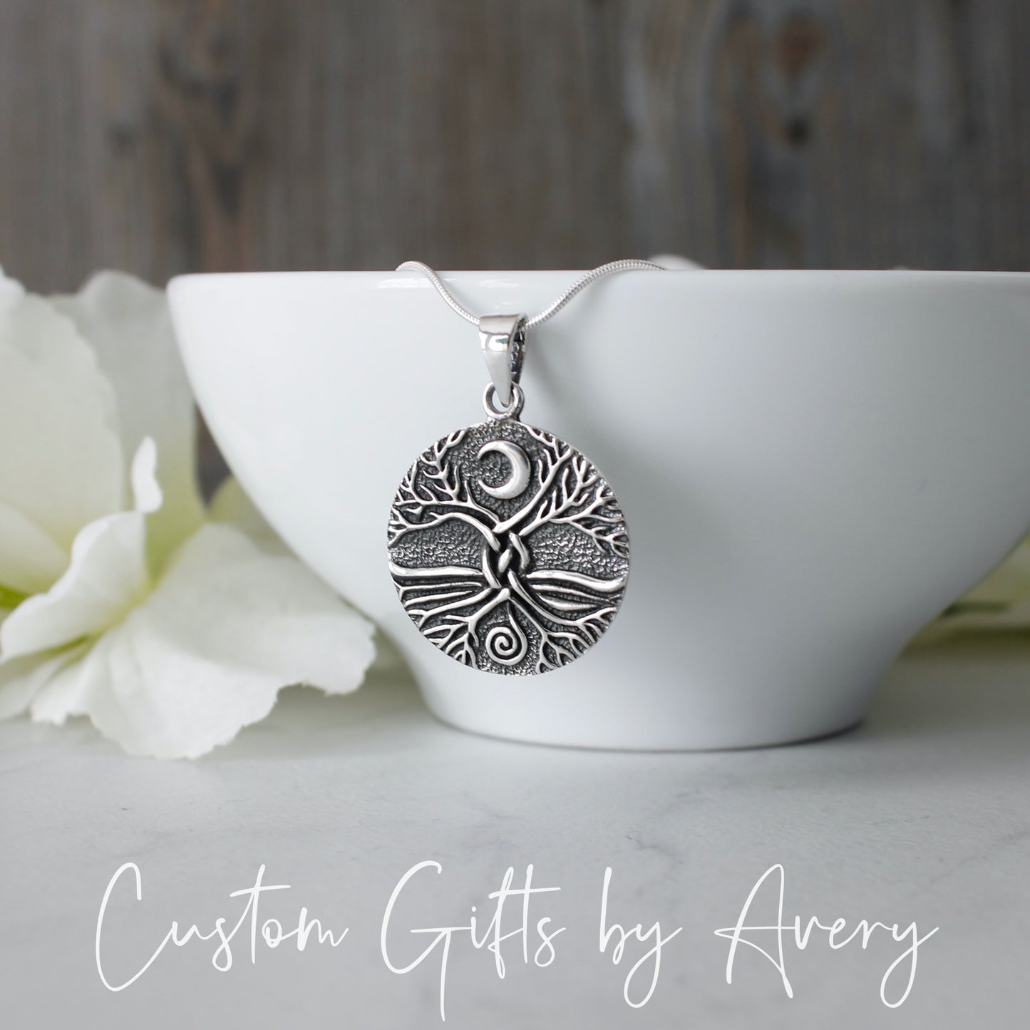 Sterling Silver Celtic Tree of Life with Crescent Moon Necklace