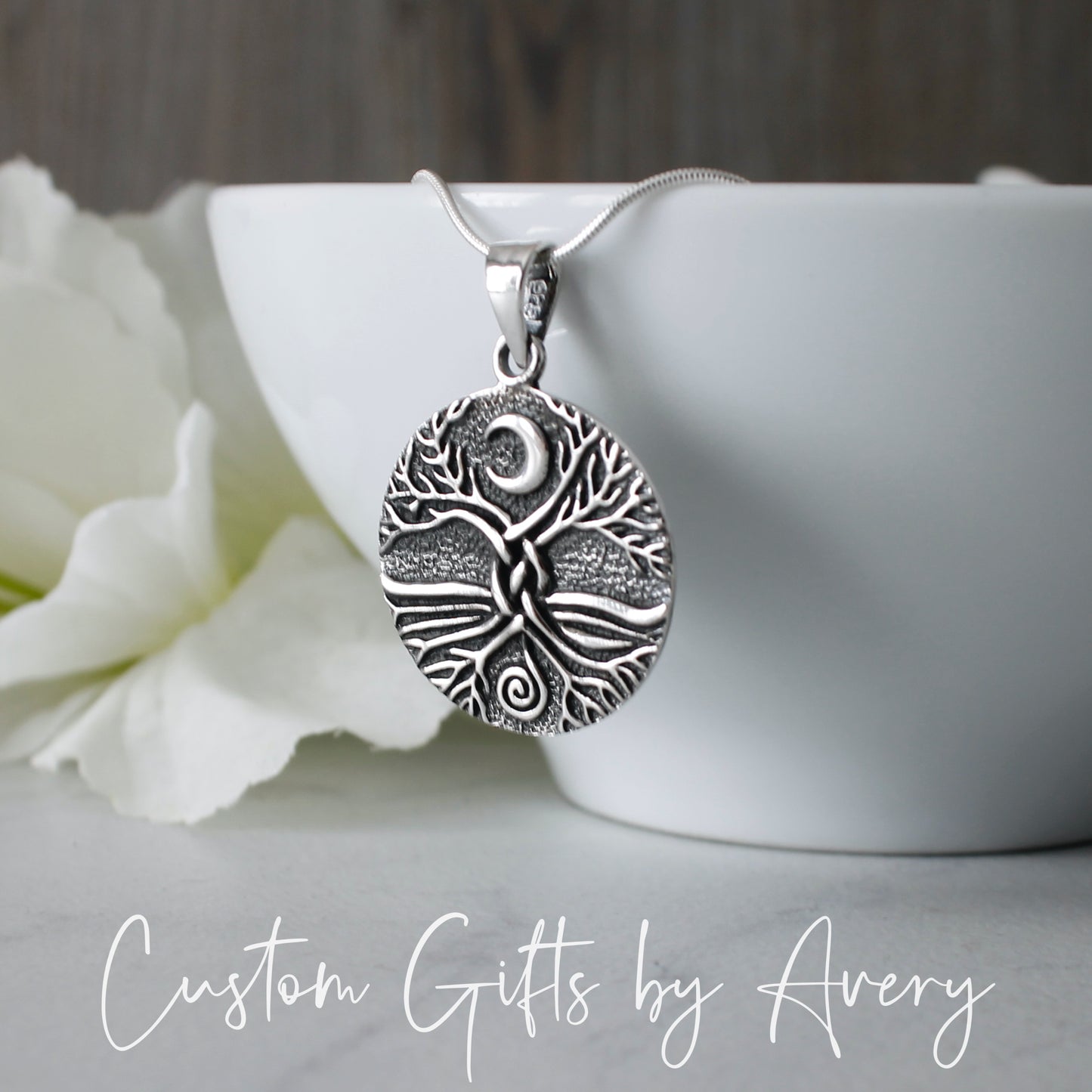 Sterling Silver Celtic Tree of Life with Crescent Moon Necklace