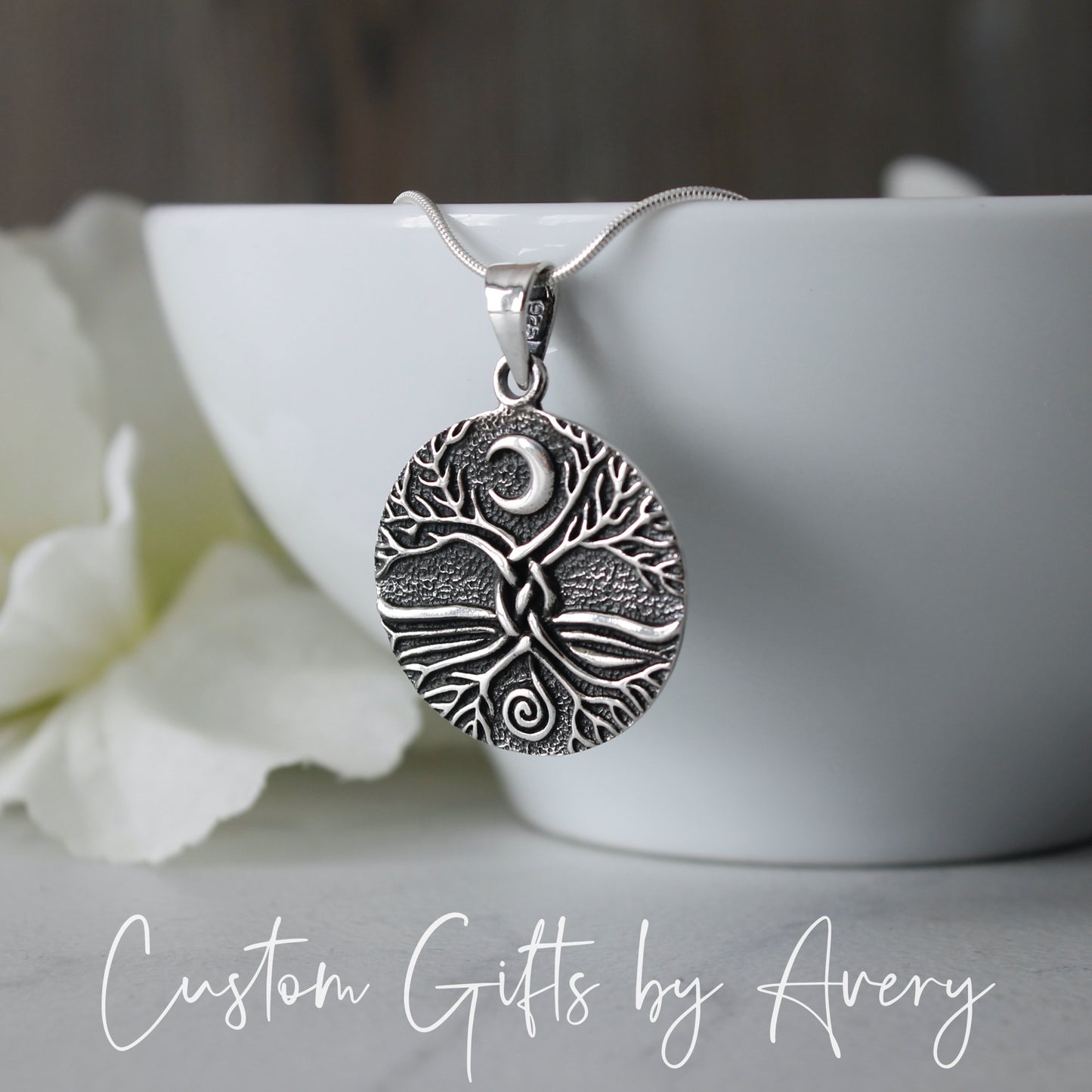 Sterling Silver Celtic Tree of Life with Crescent Moon Necklace