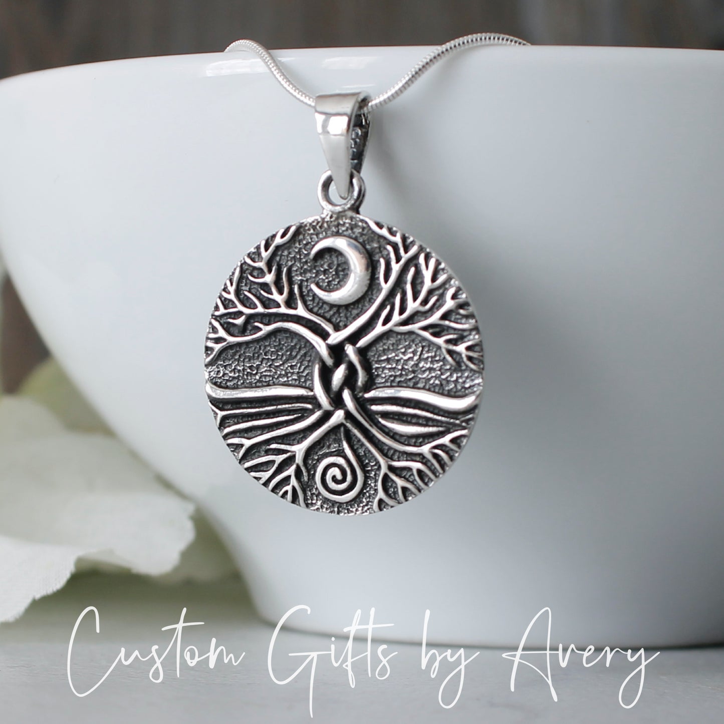 Sterling Silver Celtic Tree of Life with Crescent Moon Necklace