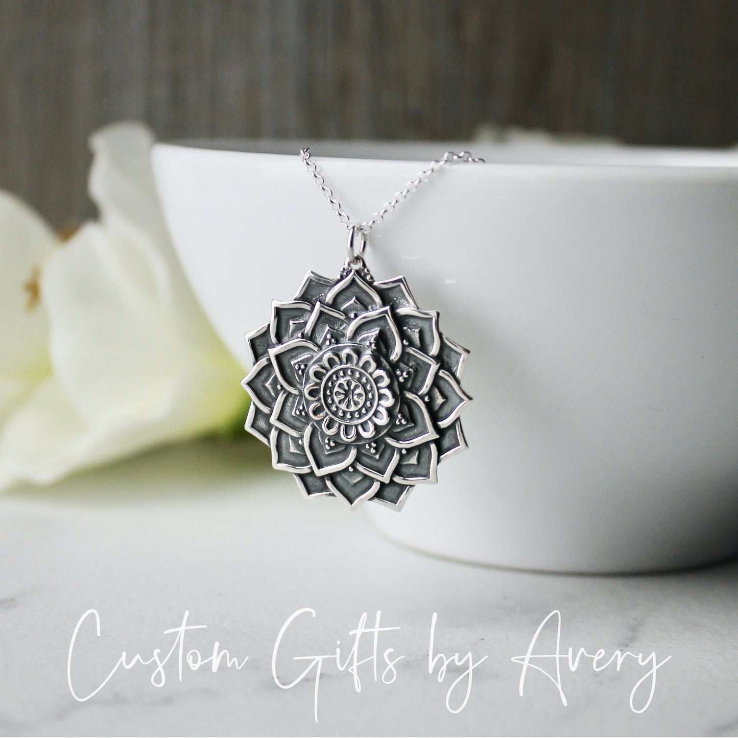 Large Sterling Silver Lotus Flower Mandala Necklace