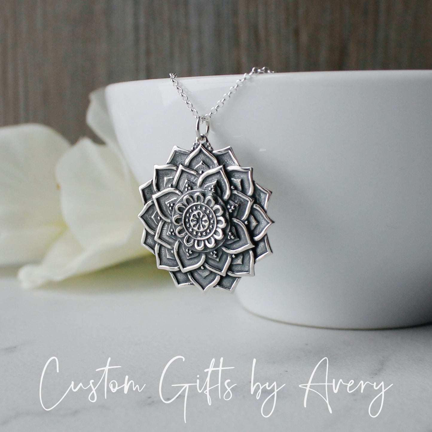 Large Sterling Silver Lotus Flower Mandala Necklace