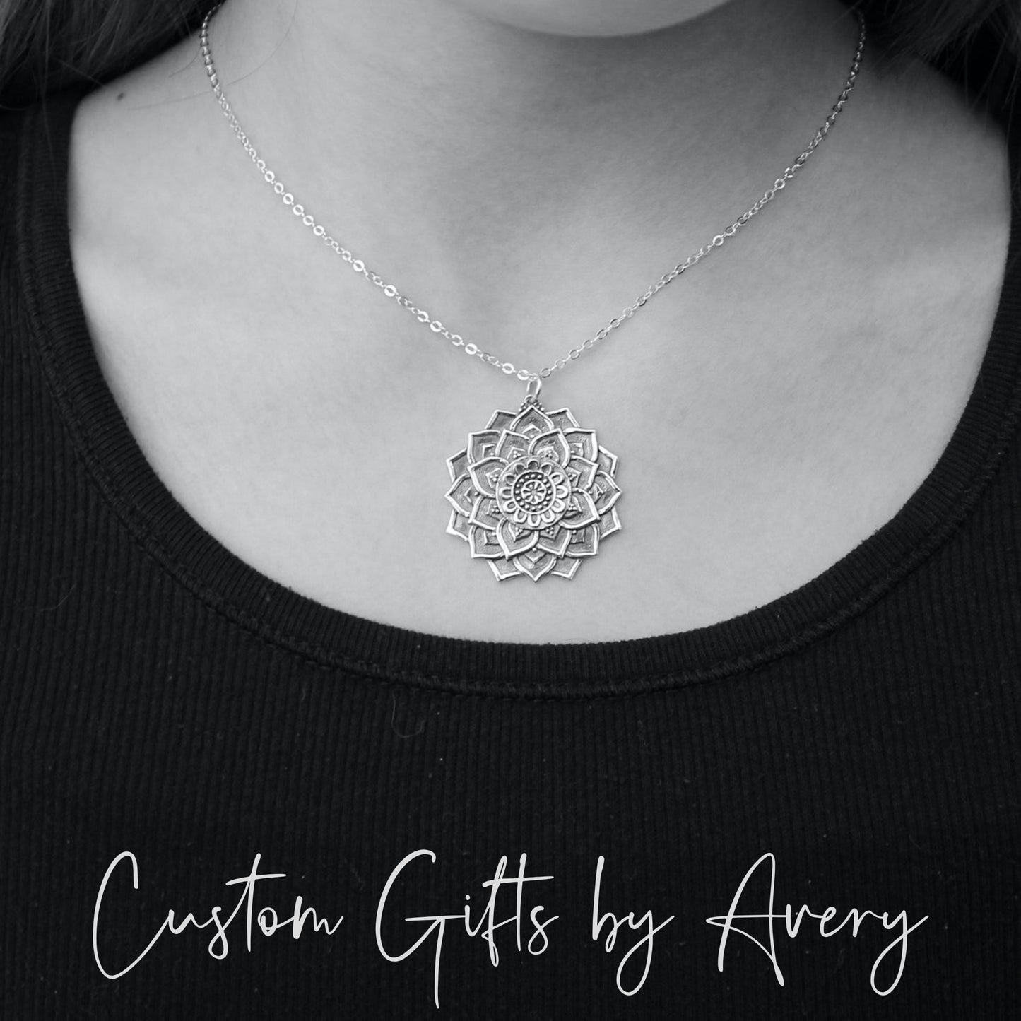 Large Sterling Silver Lotus Flower Mandala Necklace