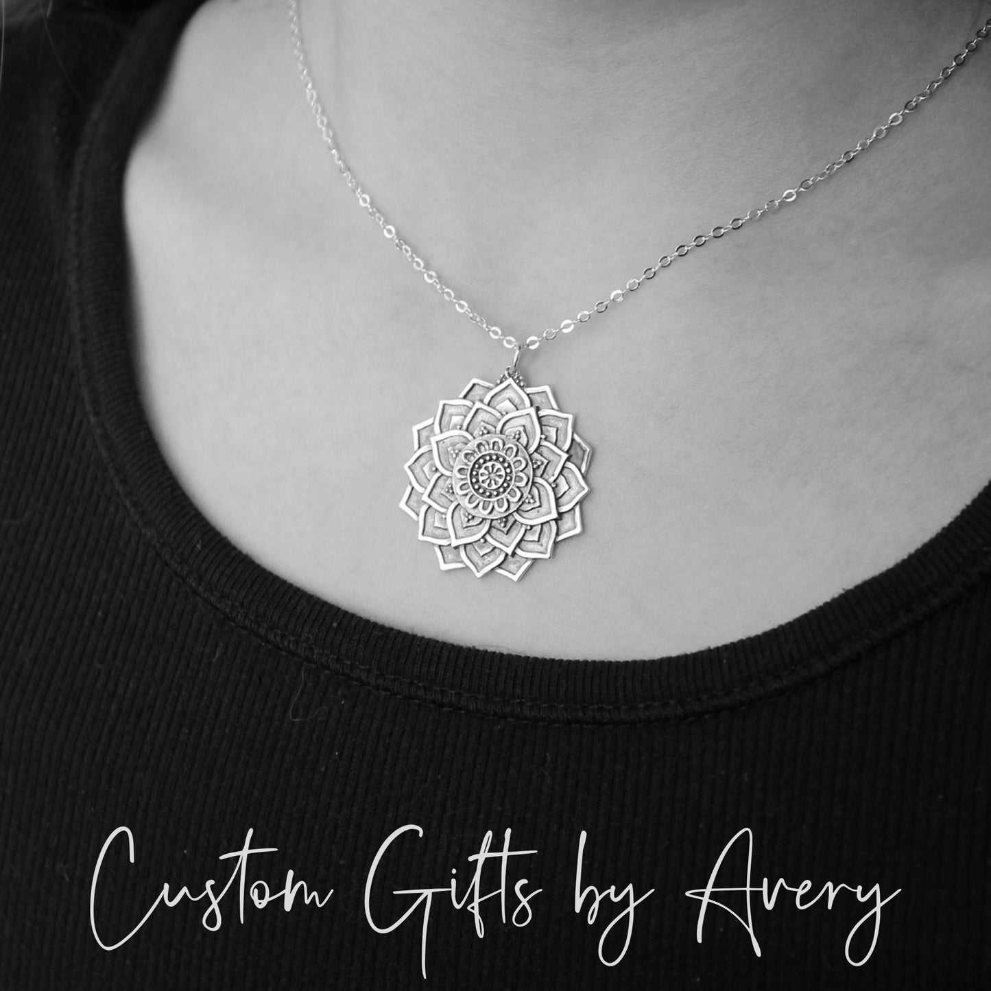 Large Sterling Silver Lotus Flower Mandala Necklace