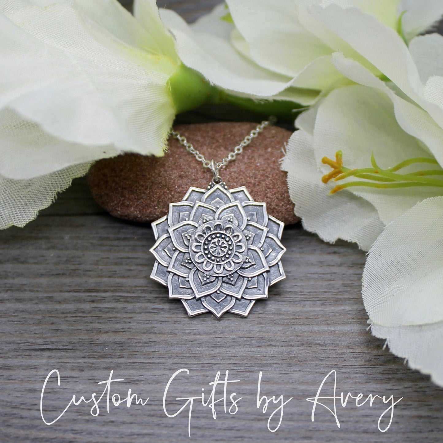 Large Sterling Silver Lotus Flower Mandala Necklace