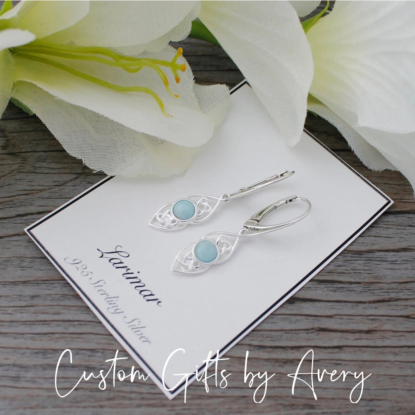 Sterling Silver Celtic Earrings with Dominican Larimar