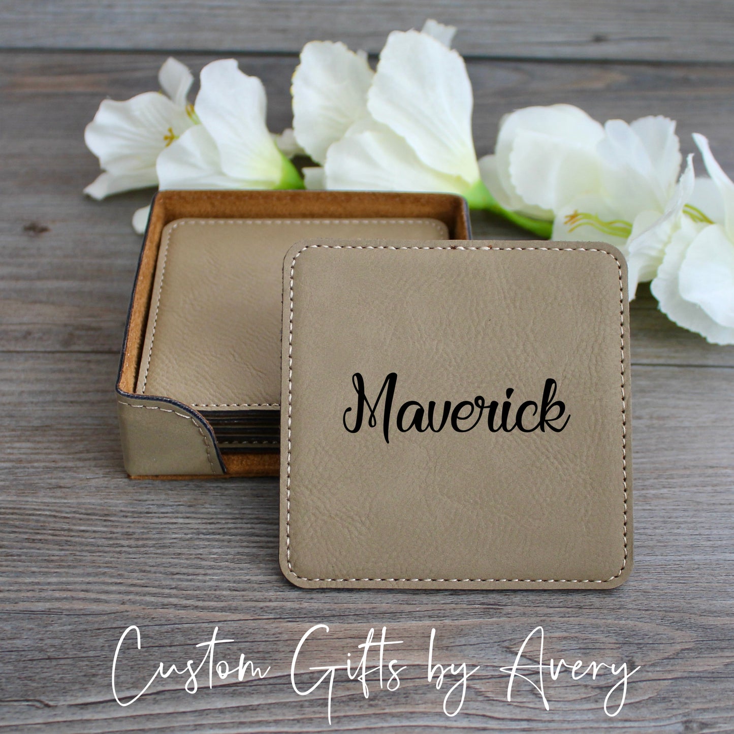 Personalized Leatherette Coasters ~ Set of 6 with Holder