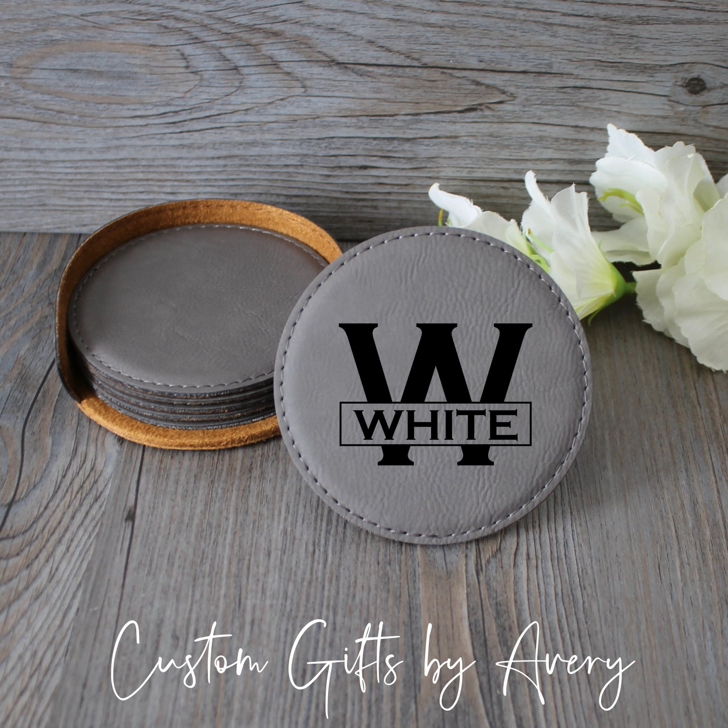 Personalized Leatherette Coasters ~ Set of 6 with Holder