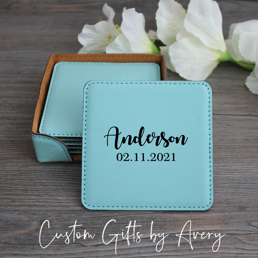 Personalized Leatherette Coasters ~ Set of 6 with Holder