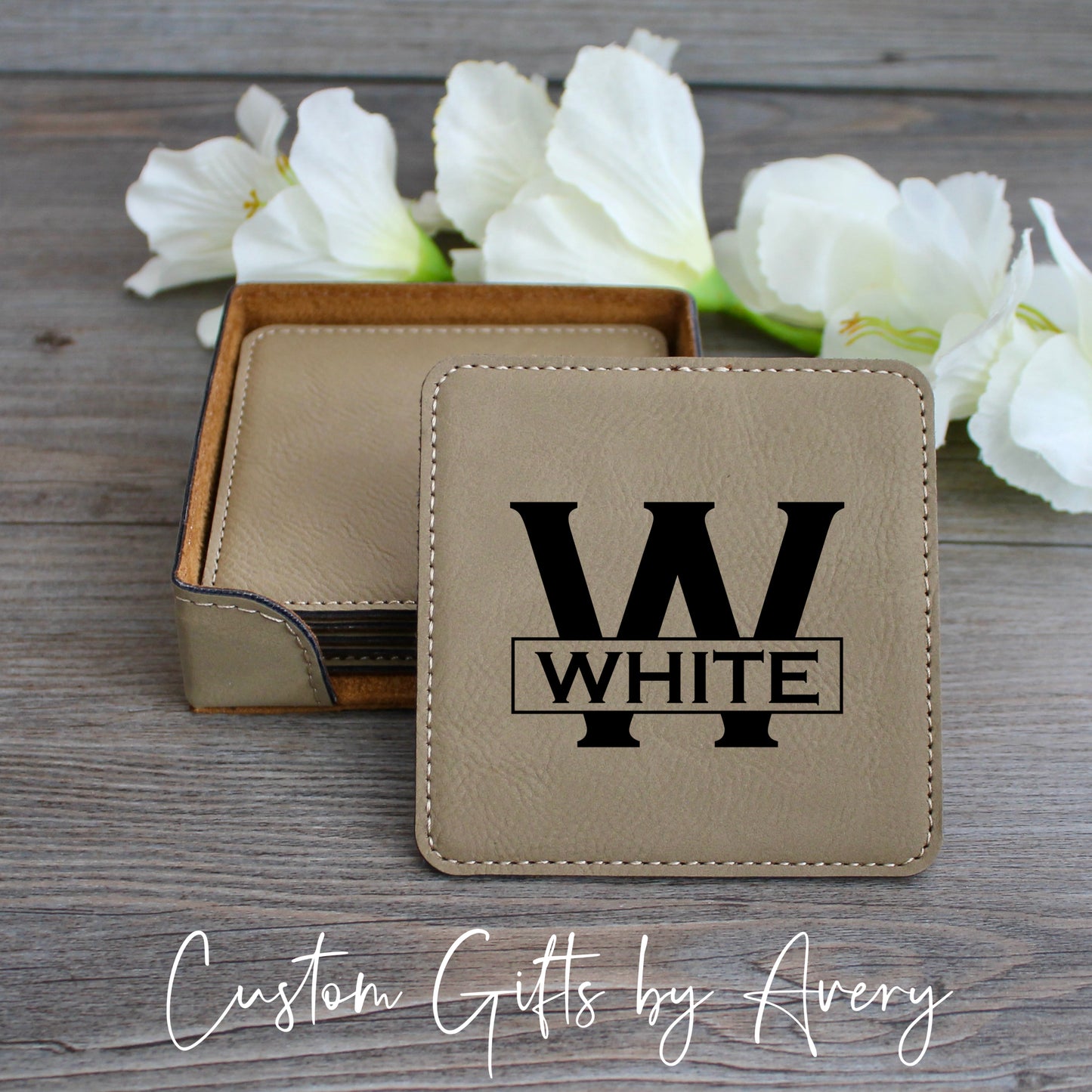 Personalized Leatherette Coasters ~ Set of 6 with Holder