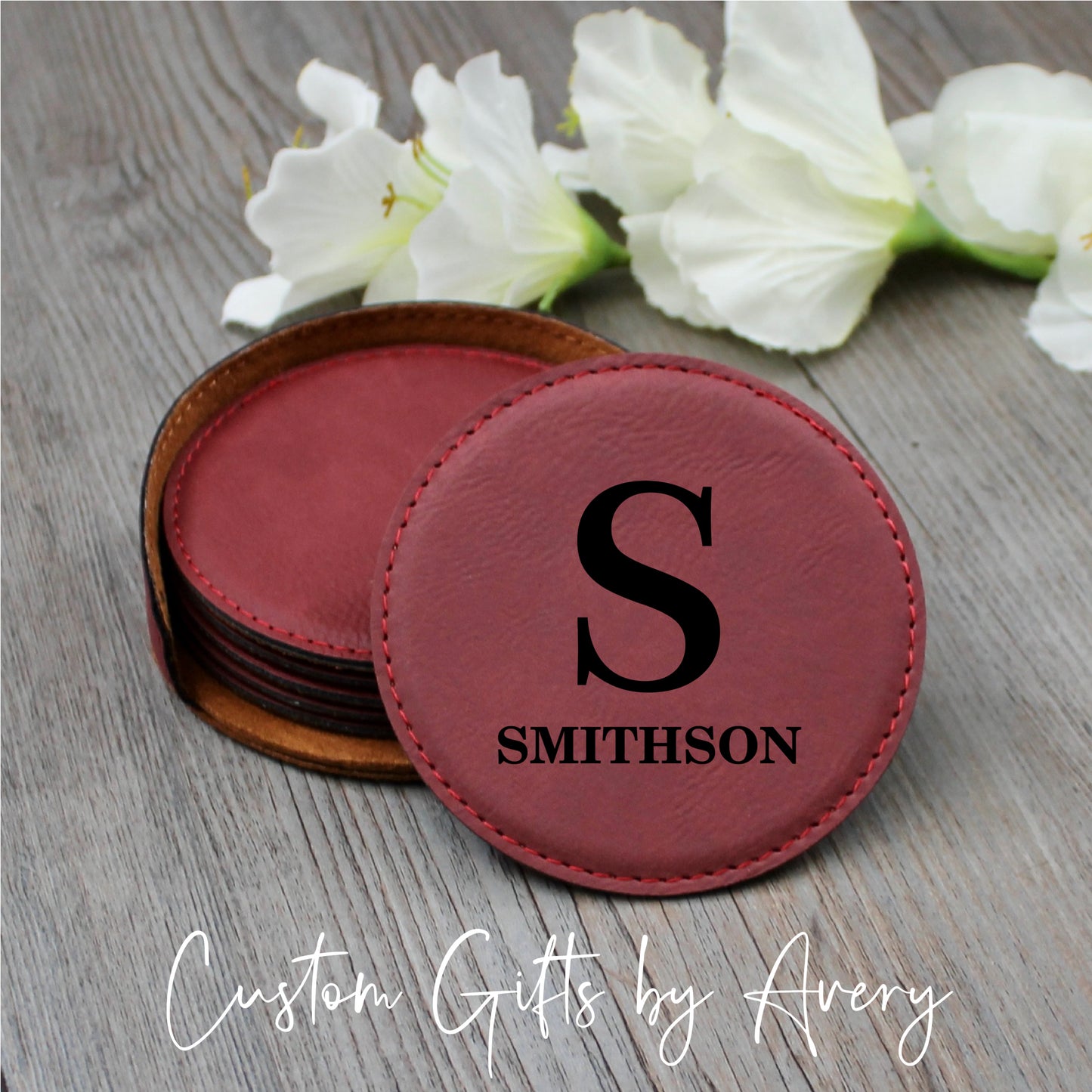 Personalized Leatherette Coasters ~ Set of 6 with Holder