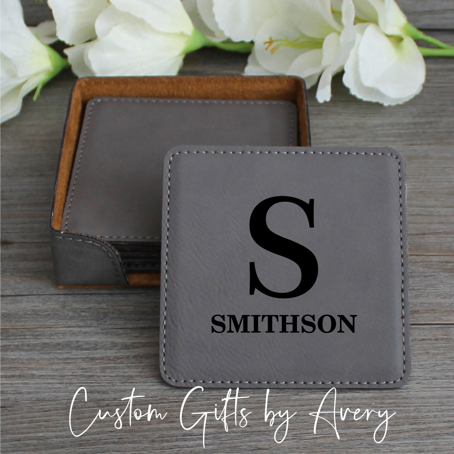 Personalized Leatherette Coasters ~ Set of 6 with Holder