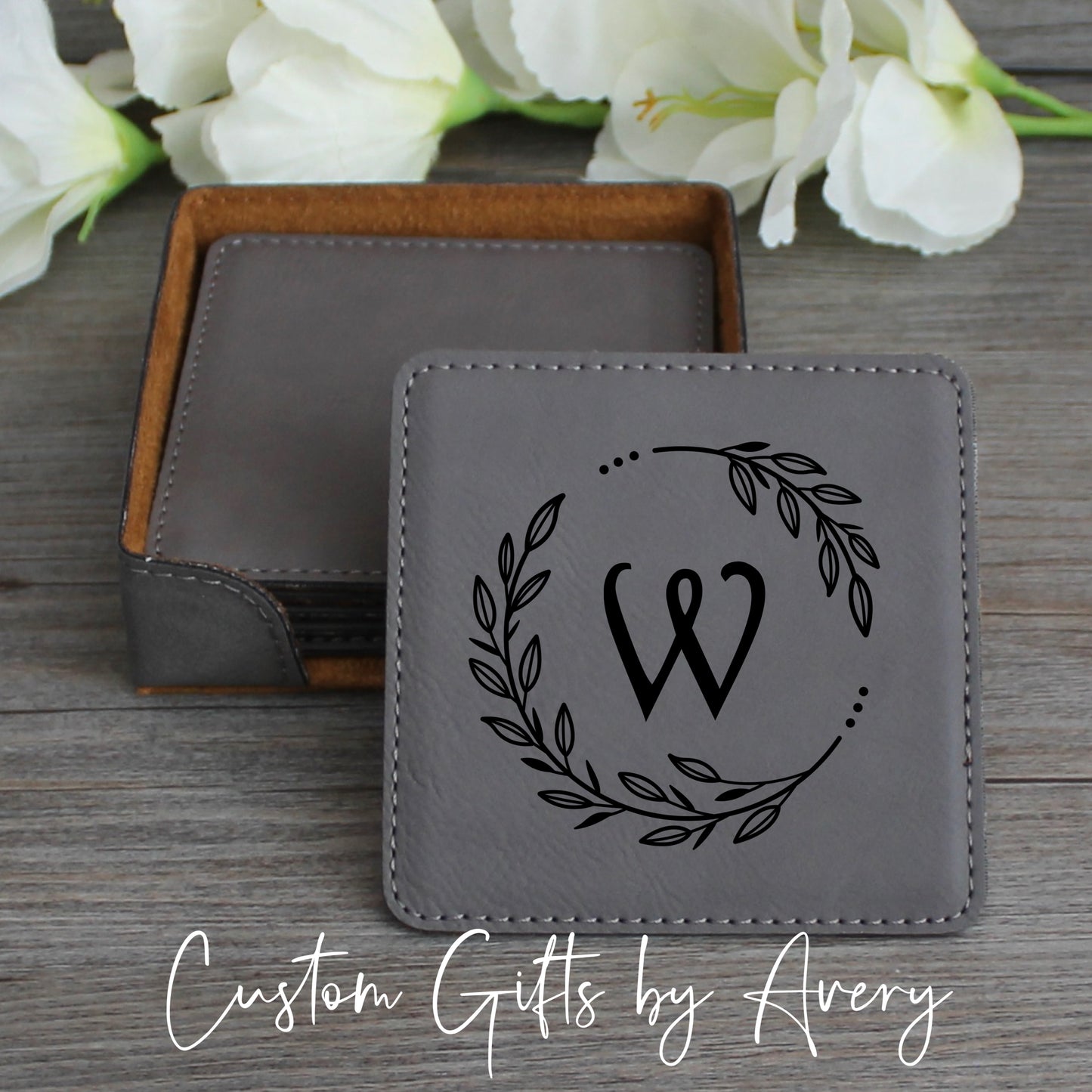 Personalized Leatherette Coasters ~ Set of 6 with Holder