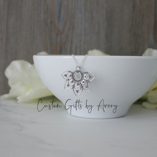 Sterling Silver 1/2 Lotus Mandala Necklace