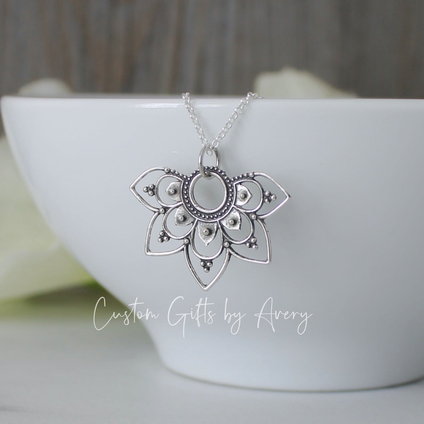 Sterling Silver 1/2 Lotus Mandala Necklace