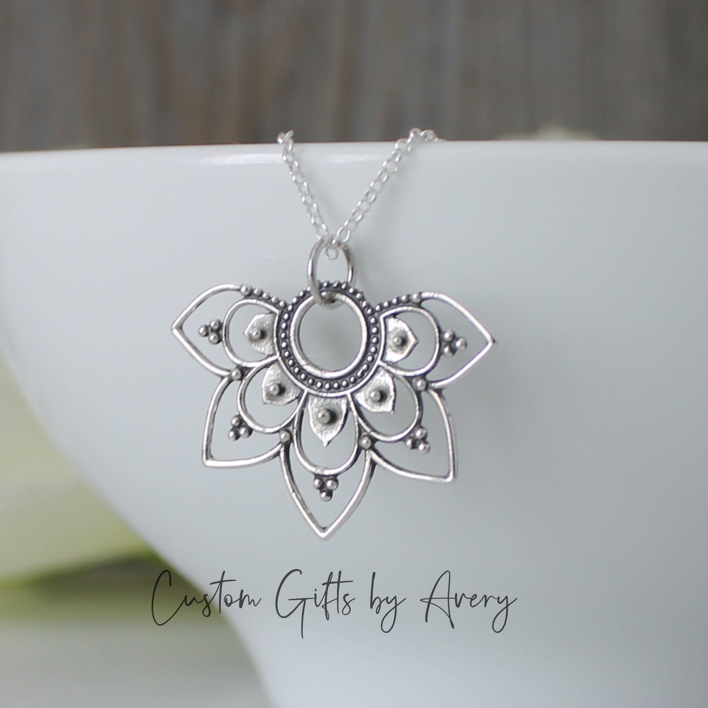 Sterling Silver 1/2 Lotus Mandala Necklace