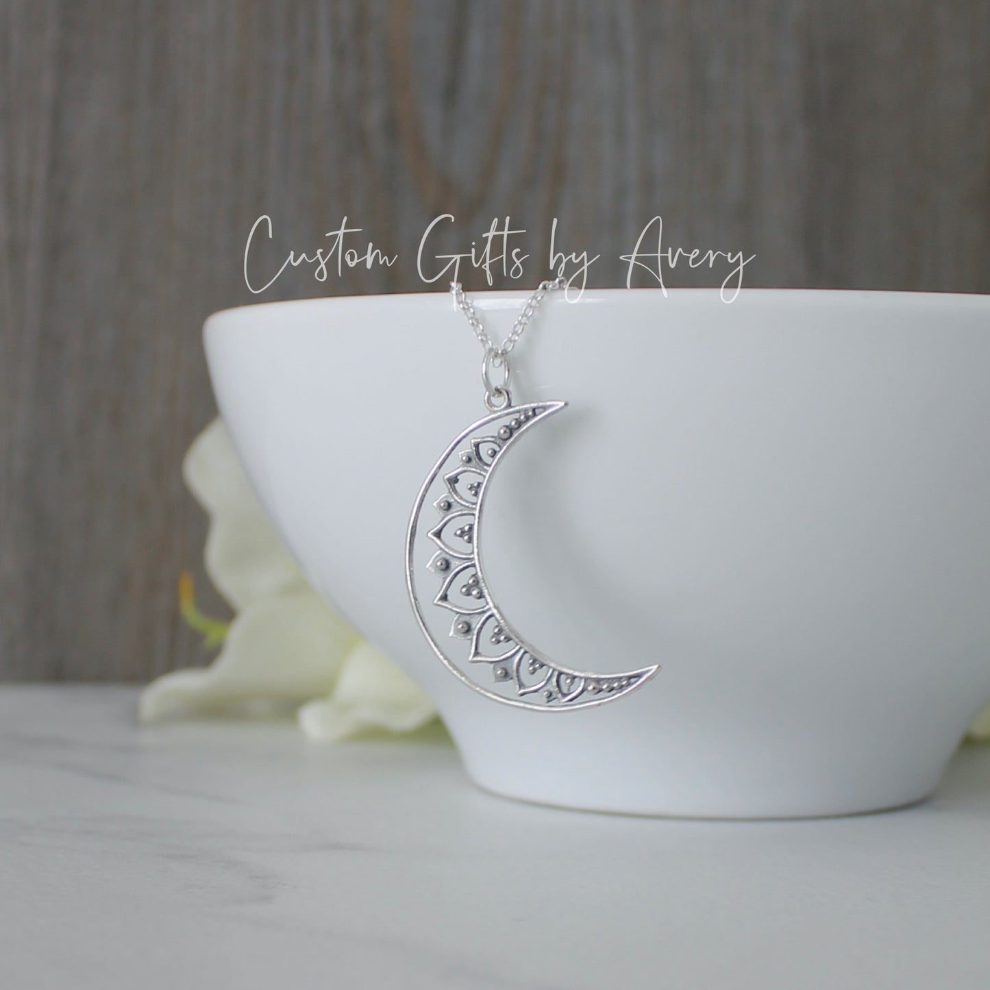 Sterling Silver Crescent Moon Mandala Necklace