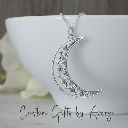 Sterling Silver Crescent Moon Mandala Necklace