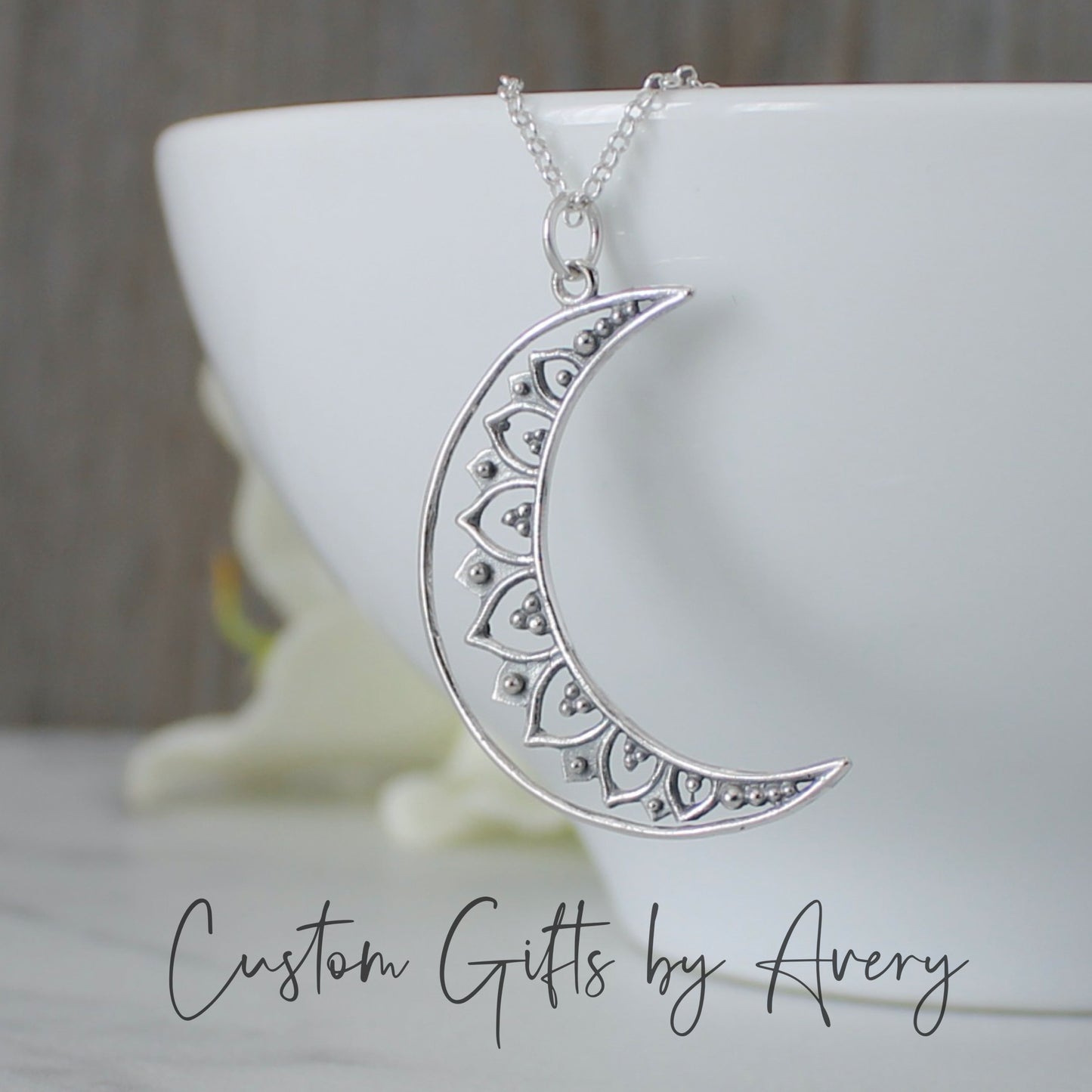 Sterling Silver Crescent Moon Mandala Necklace