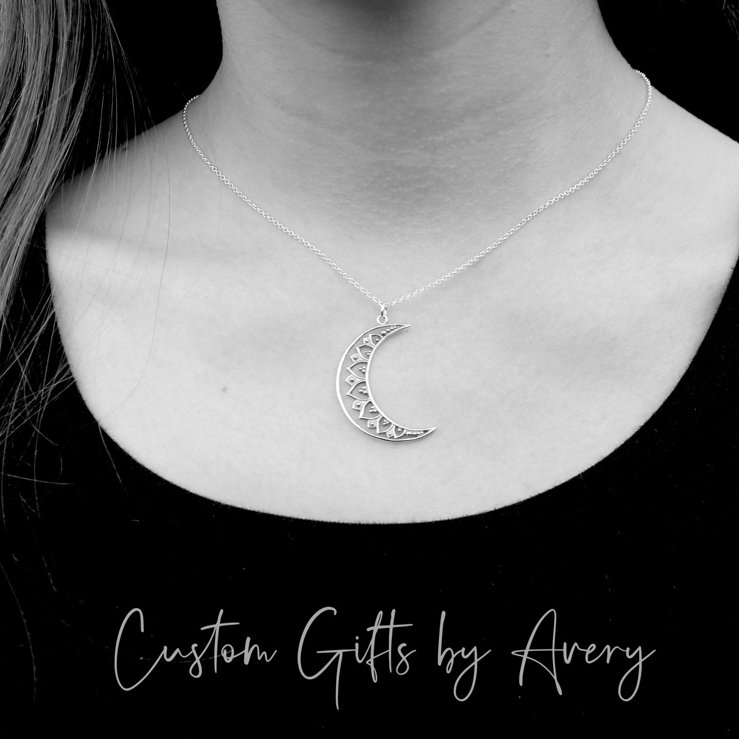 Sterling Silver Crescent Moon Mandala Necklace