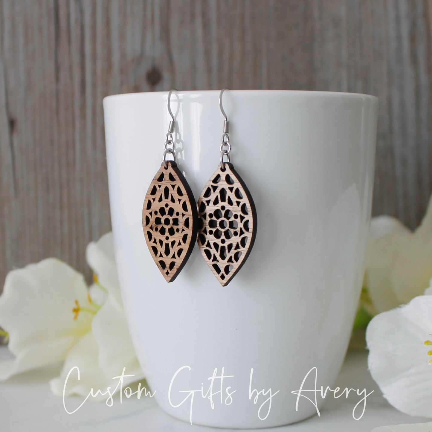 Marquis Flower Cut Out Earrings in Walnut Wood